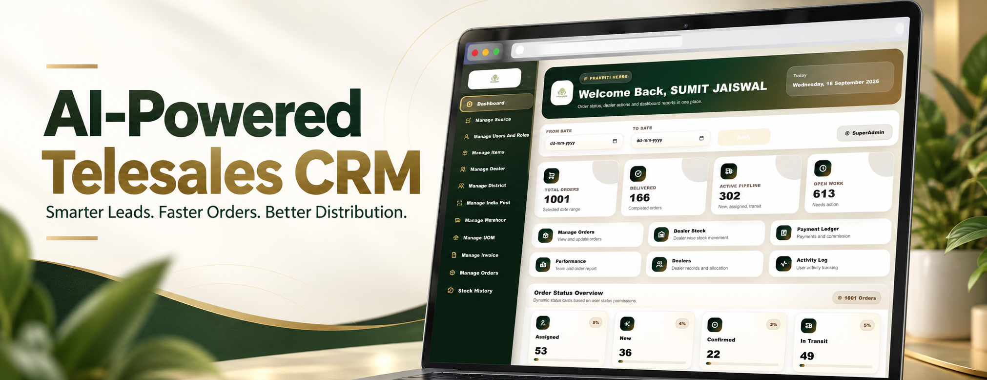 AI-powered telesales CRM connecting leads, sales, orders and distribution
