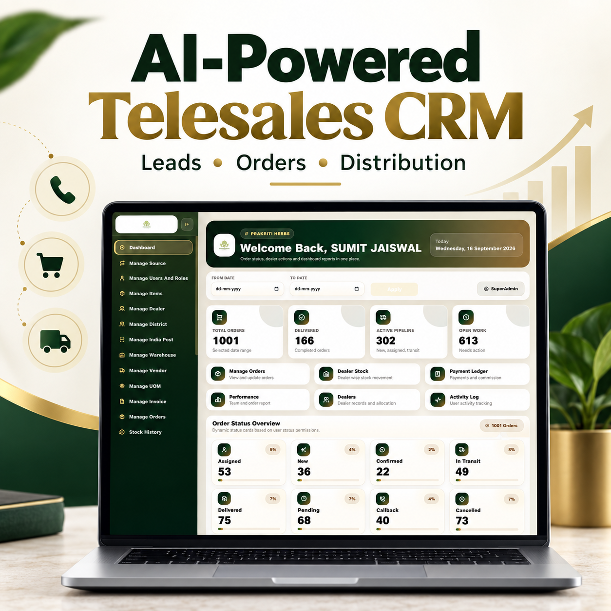 AI-powered telesales CRM connecting leads, sales, orders and distribution